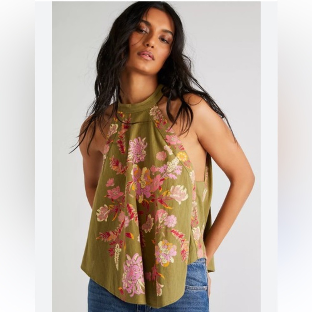 Free People Olive Floral Halter Mini Dress Boho Cotton Lined Side Zip Size XS